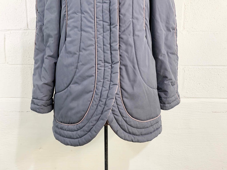 Vintage Winter Coat Puffy Puffer Pink Taupe Quilted Lined Duffle Jacket Hipster Cozy Purple Puff Sleeves Mulberry Street Large 1980s image 4
