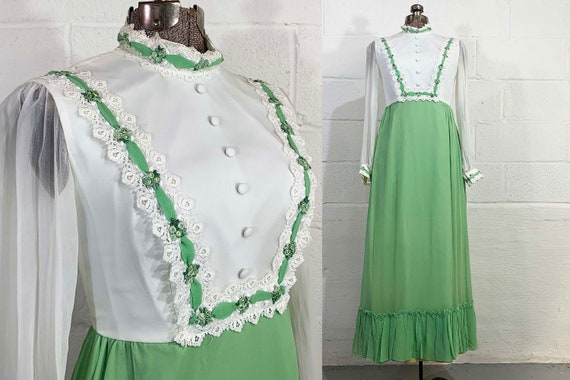 Vintage Mint Green Lolita Dress 60s Mod Midi Formal 1960s Mod Twiggy Sheer Long Sleeve Hostess Gown Prom Dopamine Dressing Small