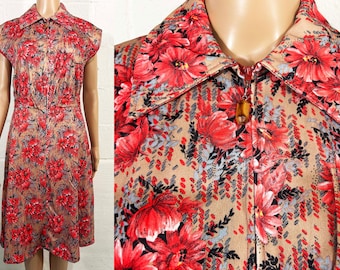 Vintage Red Floral Dress A-Line Zip Front Mod Cap Sleeves Collared 1970s Large