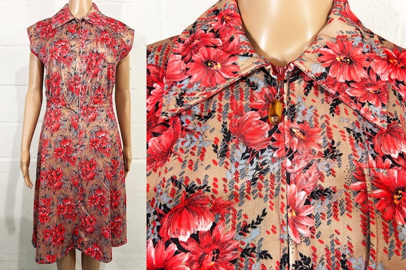 Vintage Red Floral Dress A-Line Zip Front Mod Cap Sleeves Collared 1970s Large