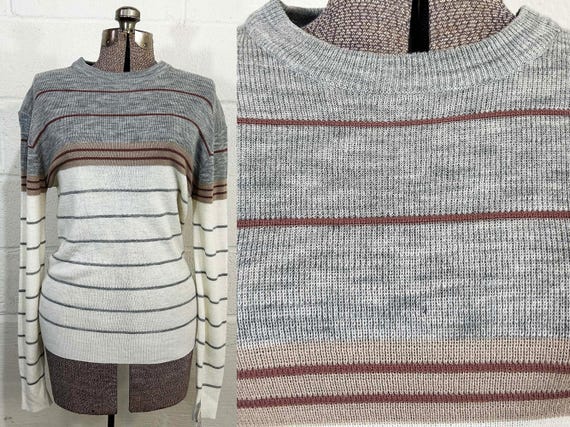 Vintage Striped Gray & White Lightweight Sweater Classic Minimal Basics Capsule Pullover Long Sleeve 1980s 1990s Large Medium