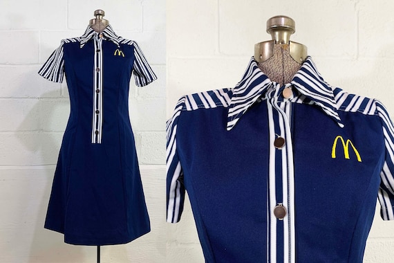 Vintage McDonald’s Uniform Dress 1976 Crest 1970s Navy Blue White Fast Food Restaurant Dead Stock NOS Deadstock Size 8 Small