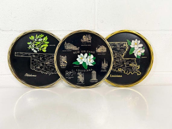 Vintage Souvenir State Drink Tray  Barware Map   Sold Individually   New Orleans Louisiana Oklahoma 1970s 1960s
