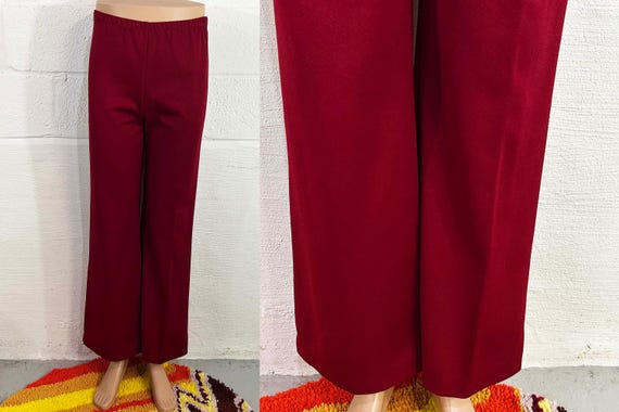Vintage Maroon Pants Burgundy Mod Pantsuit 1960s 1970s Wide Leg Pants Seam Red Wine Textured Separates Medium