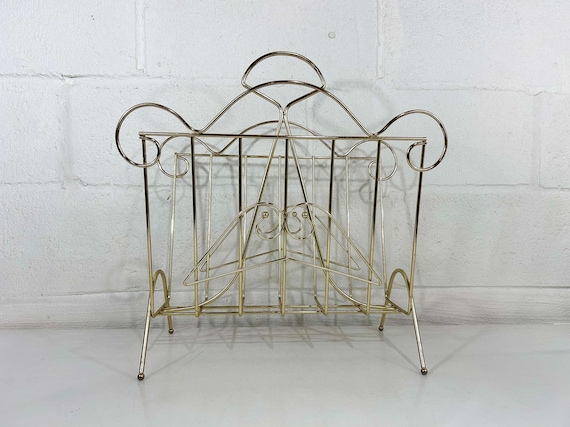 Vintage Magazine Rack Mid Century Gold Metal Record Holder Basket 1970s Hollywood Regency