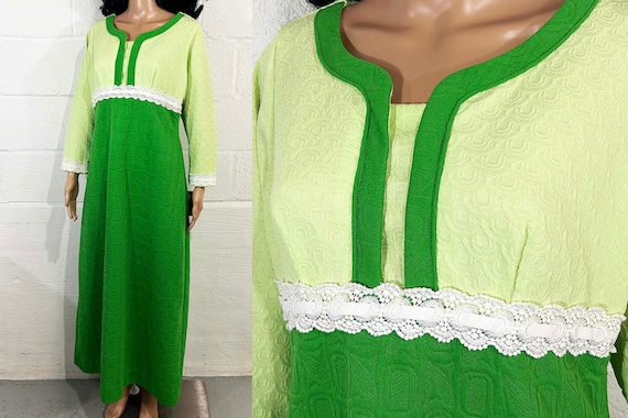 Vintage Green A-Line Maxi Dress Mod Lace White Trim 1960s Twiggy Long Sleeve Medium Large