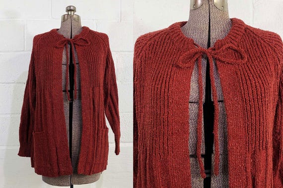 Vintage Rust Brown Cardigan Sweater Long Sleeve Open Tie Neck Twin Peaks Oversized Raglan Boho Plus Size Volup Wye Oaks 1970s Large XL