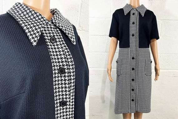 Vintage Houndstooth Dress Black & White Collared A-Line Mod 1960s Short Sleeve Plus Size Curvy Volup XXL 2XL 2X