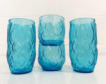 Vintage Aqua Blue Glasses Teal Water Glass Mid-Century Glassware Set of 4 Dopamine Anchor Hocking Diamond Madrid Tumbler Lowball Juice 1960s