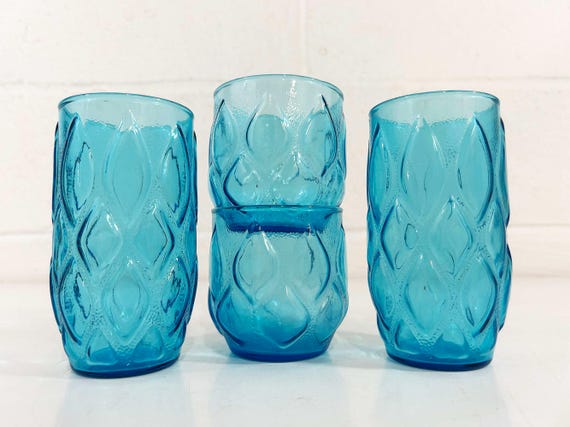 Vintage Aqua Blue Glasses Teal Water Glass  Glassware Set of 4 Dopamine Anchor Hocking Diamond Madrid Tumbler Lowball Juice 1960s