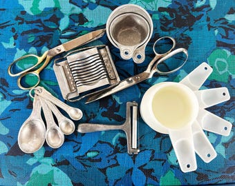 Vintage Kitchen Tools Measuring Cups Egg Slicer Spoons Scissors Tupperware 1950s Mid-Century Kitchen 1970s