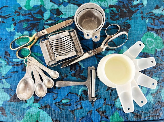 Vintage Kitchen Tools Measuring Cups Egg Slicer Spoons Scissors Tupperware 1950s Mid-Century Kitchen 1970s