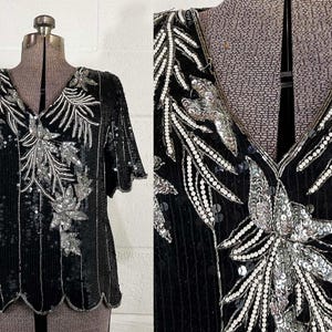 Vintage Silk Sequin Blouse Black Silver Stenay Short Sleeve Beaded Sequins Oversized V Neck Evening New Year's Top 1980s Medium Large