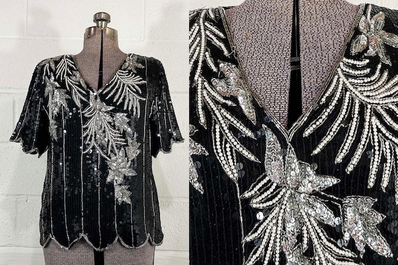 Vintage Silk Sequin Blouse Black Silver Stenay Short Sleeve Beaded Sequins Oversized V Neck Evening New Year's Top 1980s Medium Large