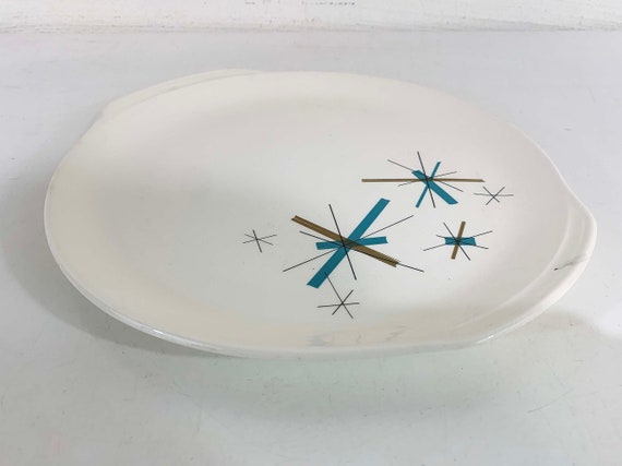 Vintage Salem North Star Large Serving Platter Plate Dish Hopscotch Mid Century Atomic Aqua Blue China MCM Mad Men 1950s