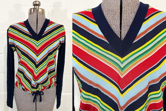 Vintage Chevron Knit Sweater Rainbow Pullover Jumper Long Sleeved Helen Sue 1970s Small