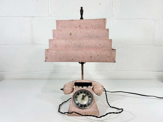 Vintage Pink Table Lamp Quirky Light Funky Mid-Century Office Bedroom 1950s Cast Iron Telephone Phone Clock Lighter Trea-Boye Brooklyn NY
