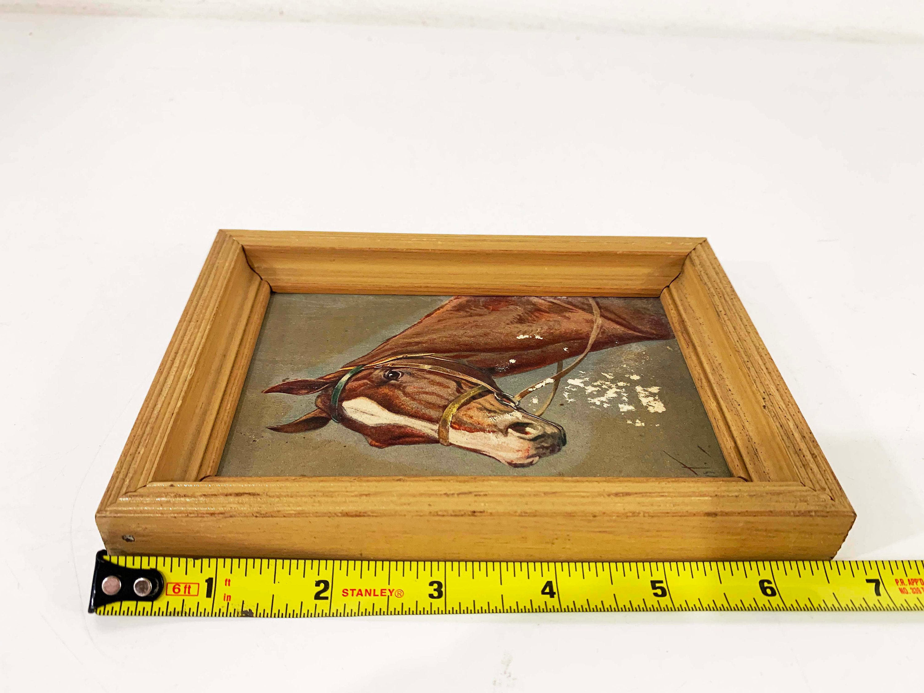 Vintage Framed Horse Print 3D Art Gray Green Brown Wood Frame Equestrian Decor Tiny Gallery Wall