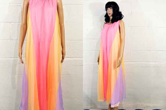 Vintage Pastel Rainbow Nightie Tank Dress Sleeveless Sheer Colorblock Nightgown Pajamas Sleep Pink Sleepwear Teddy Babydoll Nylon 60s Large