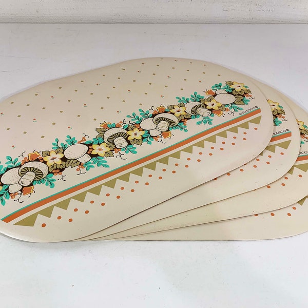 Vintage Mushroom Placemats Set of 4 Franco Mushrooms Foam Back Oval Table Placemat Mid-Century 1980s 1987 Retro Vinyl Kawaii Kitsch Kitschy