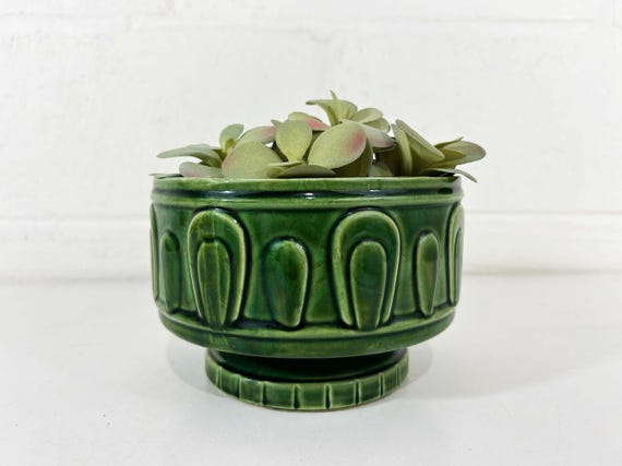 Vintage Green Pedestal Planter, Mid-Century Modern Pottery