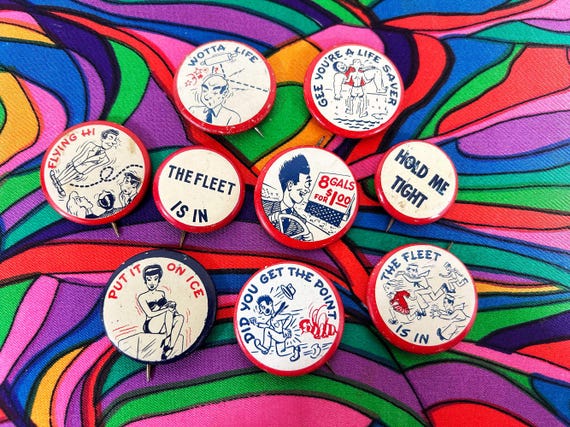 Vintage Novelty Pinback Button Brooch Funny Saying Gag Gift 1940s Blue Red