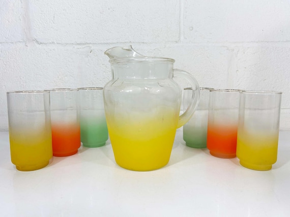 Vintage Blendo Style Orange Yellow Green Glasses Ombre Frosted Mid-Century Barware Glass Drinkware Party Pitcher Set Cocktail 1960s