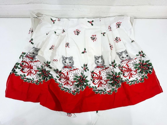 Vintage Cotton Christmas Apron Cute Kitten Holiday Cat Gift Mid-Century Retro Kitchen 1950s