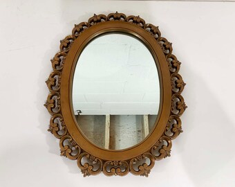 Vintage Syroco Romanesque Mirror Baroque Gold Oval Wooden Wood Frame Mid-Century Victorian Flowers Framed Wall Hanging 1950s