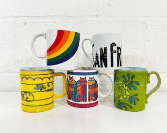 Vintage Coffee Mug – Sold Individually - Mid Century Ceramic Tea Cup Drinkware Laurel Burch Cats FTDA Rainbow Acid Green 1970s 1980s