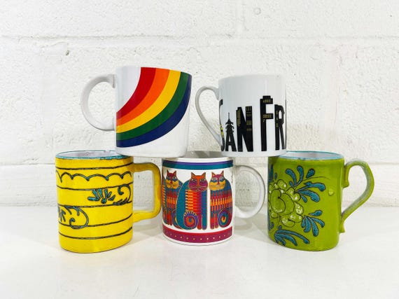 Vintage Coffee Mug – Sold Individually    Ceramic Tea Cup Drinkware Laurel Burch Cats FTDA Rainbow Acid Green 1970s 1980s