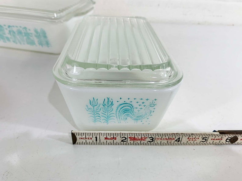 Vintage Pyrex Butterprint Refrigerator Dishes with Lids Amish Print Turquoise Blue Glass Dish Mid-Century 0503 0502 Ovenware Dopamine 1950s image 10