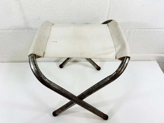 Vintage Metal Folding Camp Stool Canvas Collapsible Camping Seat Industrial Decor 1950s