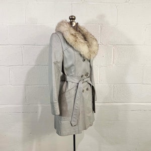 Vintage Grey Leather Belted Jacket Fur Collar Mod Boho Gray Mid-Length Trench Coat Button Front Penny Lane 1970s 1960s Medium image 4