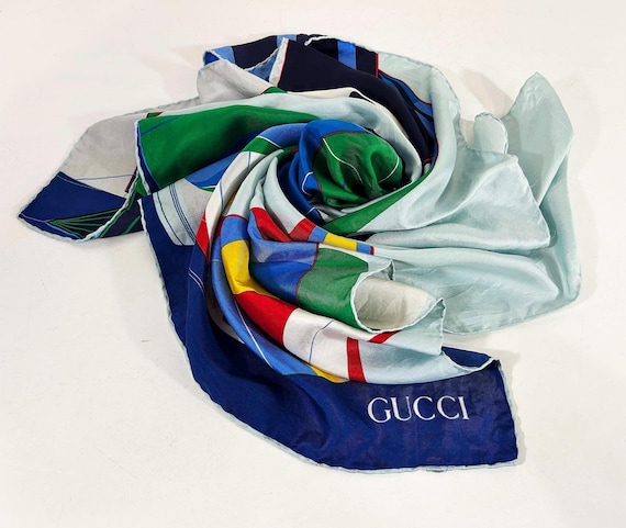 Vintage Gucci Silk Scarf Handkerchief Headwrap Headband Mid-Century Retro Designer Sailboats Boat Made in Italy Italian Design 1980s 80s