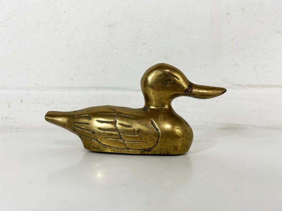Vintage Brass Duck Mid-Century Hollywood Regency Quirky Bookshelf Decor Figurine Paper Weight Figure 1980s