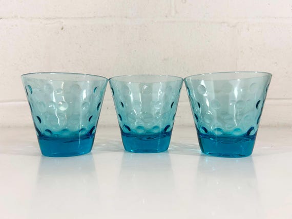 Vintage Hazel Atlas Capri Dot Small Glasses Set of 3 Old Fashioned Mid Century Blue Rocks Cocktail Barware 1950s 1960s MCM Dopamine Decor