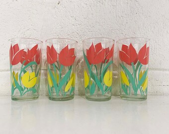 Vintage Pink Yellow Tulip Floral Glasses Flower Glass Set of 4 Flowers Retro Home Kitchen MCM 1950s 50s Green