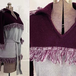 Vintage Purple Fringe Sweater 3/4 Bell Sleeve Belted Twin Peaks Gray 1970s Medium