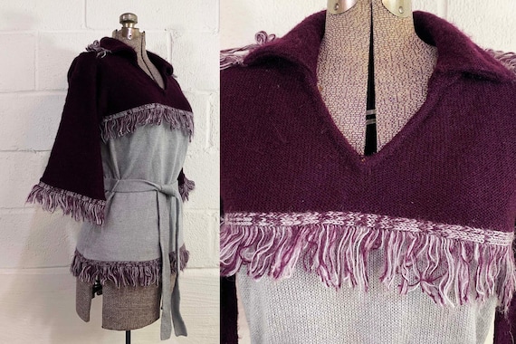 Vintage Purple Fringe Sweater 3/4 Bell Sleeve Specialty House Fashion Belted Knit Twin Peaks Gray Collared Boho Deadstock NOS 1970s Medium