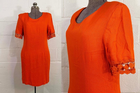 Vintage Orange Linen Dress Wiggle Short Sleeve Shift Sheath Evening Cocktail Party Designer Wedding Fiorencci Italy 1980s Medium