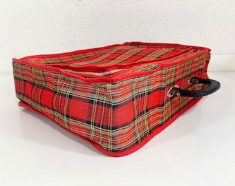 Vintage Mini Red Plaid Suitcase Soft Case Make Up Bag Makeup Overnight Luggage Travel Mod Kawaii 1970s