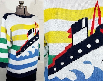 Vintage Sailboat Sweater Cotton Steamboat Ship Blue Yellow Red Stripe Sail Boat 1990s 1980s Chaus Boatneck Large XL