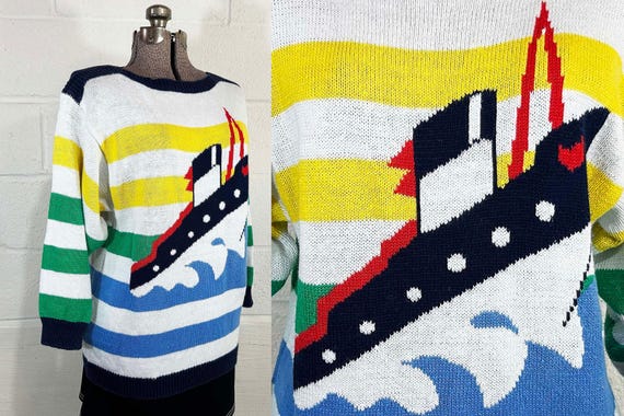 Vintage Sailboat Sweater Cotton Steamboat Ship Blue Yellow Red Stripe Sail Boat 1990s 1980s Chaus Boatneck Large XL