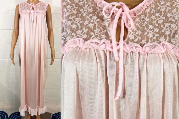 Vintage Pink Nightgown Philmaid Full Length Nightie Lace Peignoir Pajamas PJ Dress 1960s Large