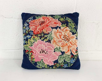Vintage Floral Pillow Needlepoint Square Velvet Accent Navy Blue Throw Sofa Couch Mustard Small Mid-Century 1970s