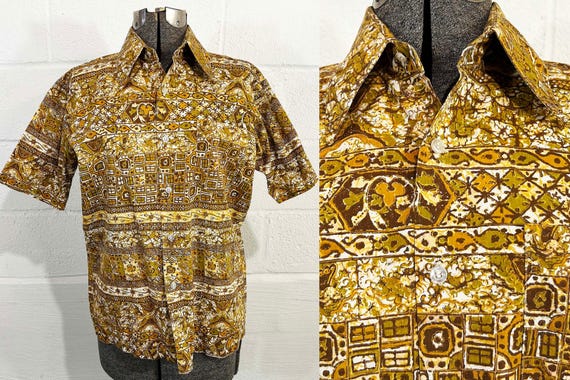 Vintage Hawaiian Shirt Yellow Button Up Hawaii Summer Short Sleeve Cruise Vacation Beach Cabanaware Tiki 1960s Large