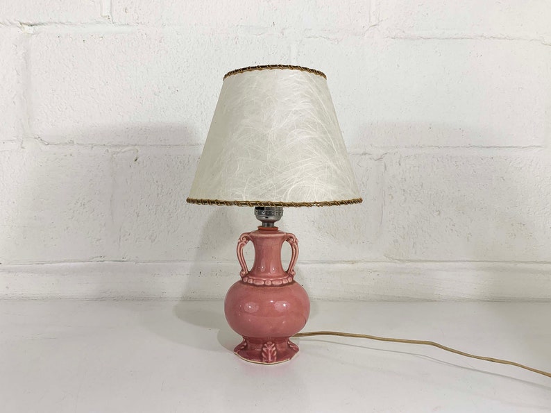 Vintage Small Pink Table Lamp Ceramic Light Decor MCM Rose Mid-Century Shade Accent Lighting Bedroom 1960s 1950s image 1