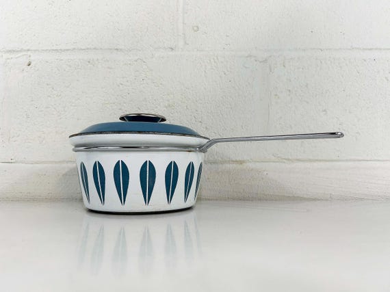 Vintage Cathrineholm Enamel White Blue Saucepan Sauce Pan Norway Catherineholm Norwegian Scandinavian Covered Pot 1960s 1950s