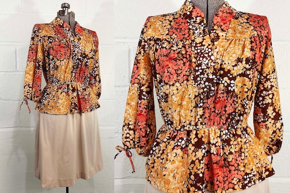 Vintage Peplum Secretary Dress Romantic Peach Orange Brown Tone 3/4 Sleeve A-Line 1980s 1970s Large XL